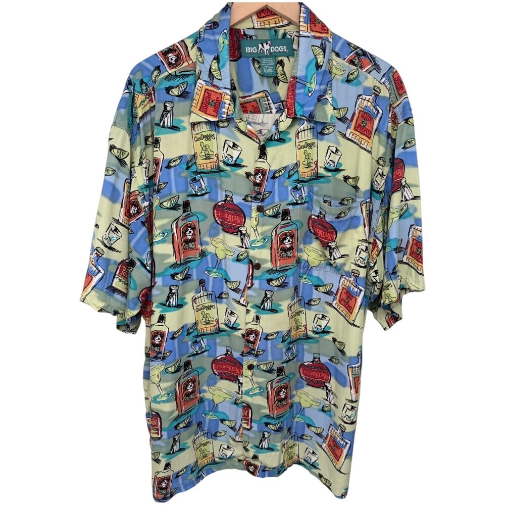 Big Dogs Button-Up Men's X-LARGE Blue Green Colorful Hawaiian Shirt